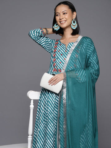 Varanga Women Turquoise Blue Lehariya Printed A-Line Kurta Paired With Tonal Bottom And Dupatta